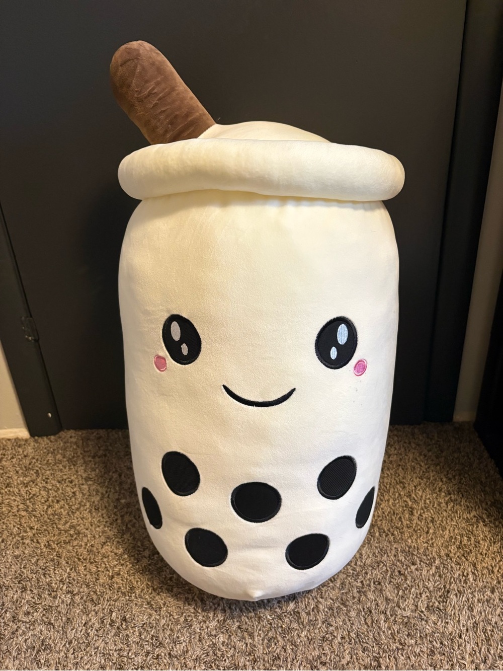 Cute Boba Tea Plush Pillow - White with Black Pearls